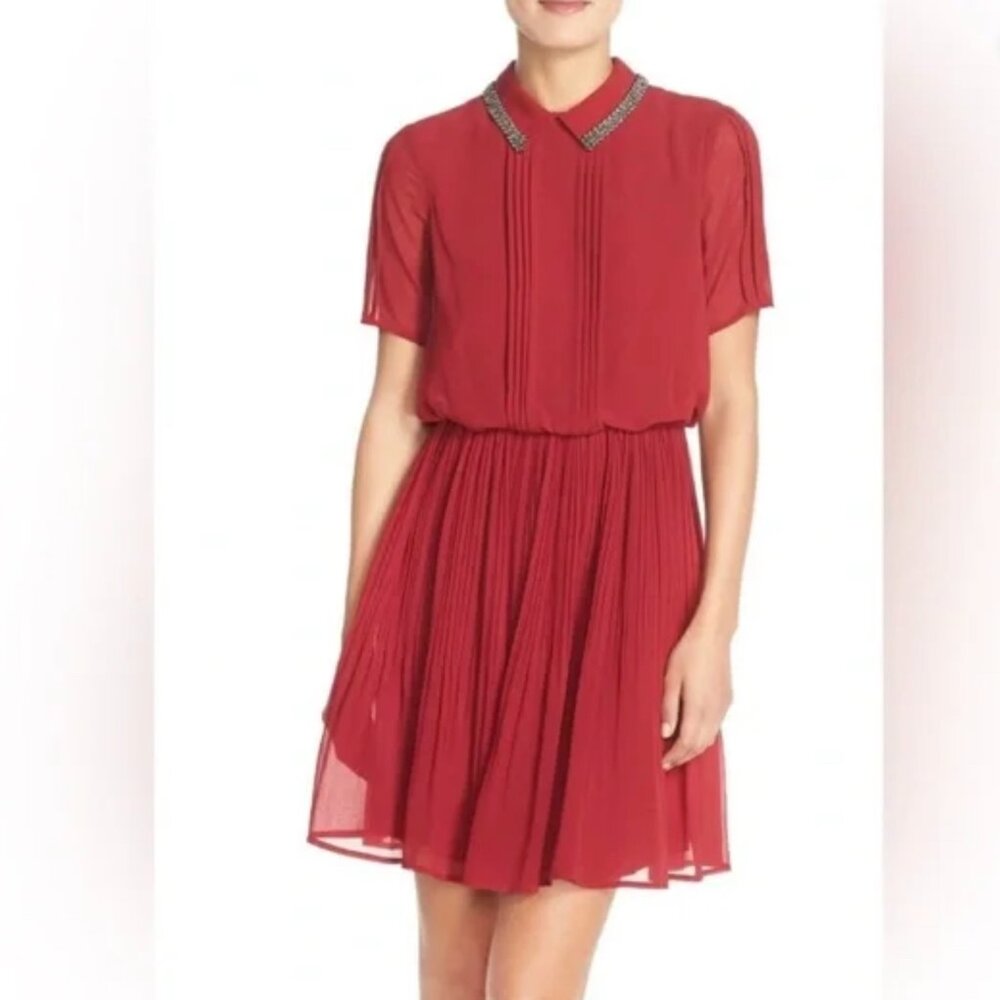 Cabernet Red Pleated Mini Dress Embellished Collar Size 8
